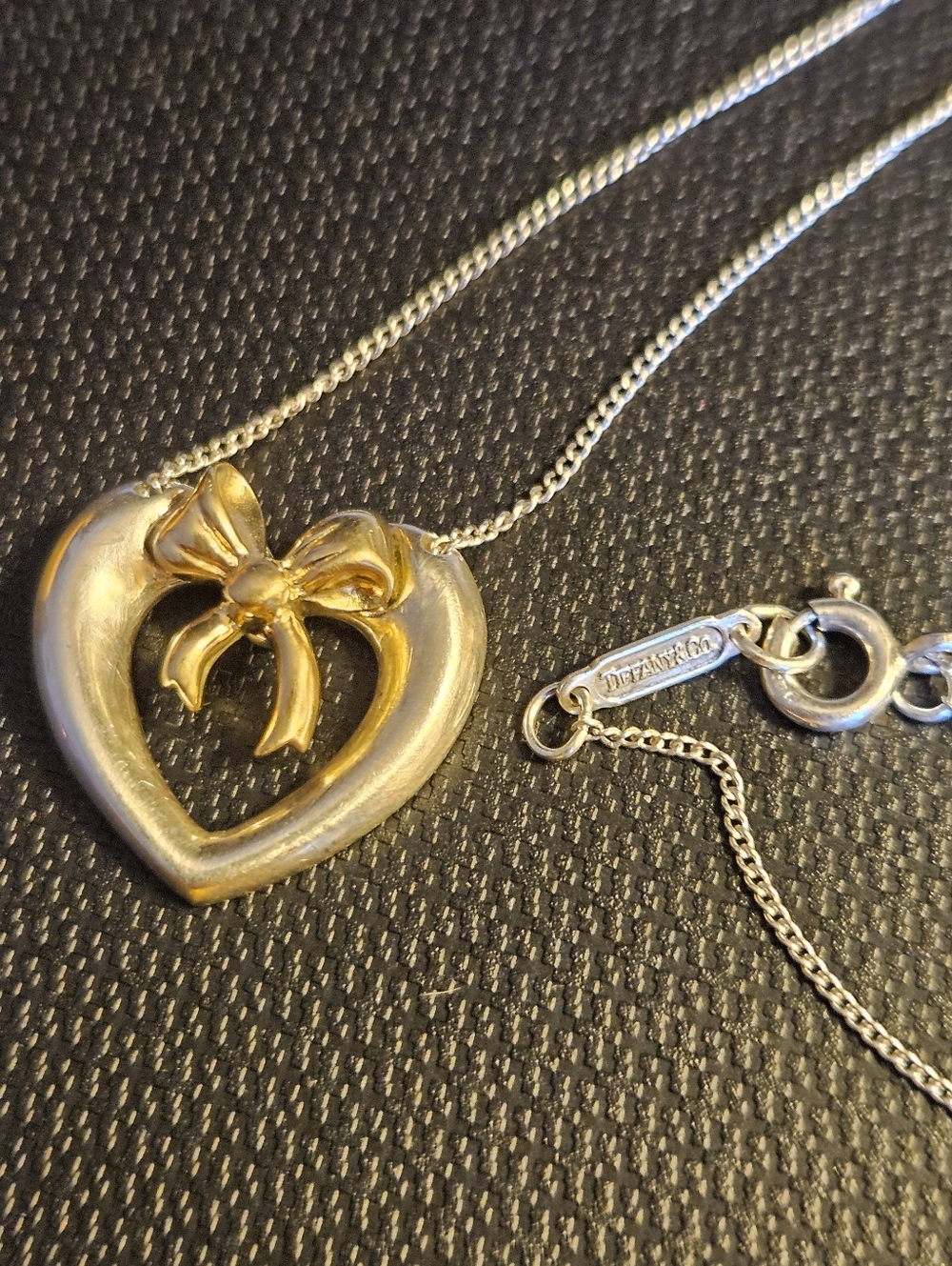 Tiffany & Co Vintage 18k gold and 925 Silver Heart & Bow Necklace 17 inch COA